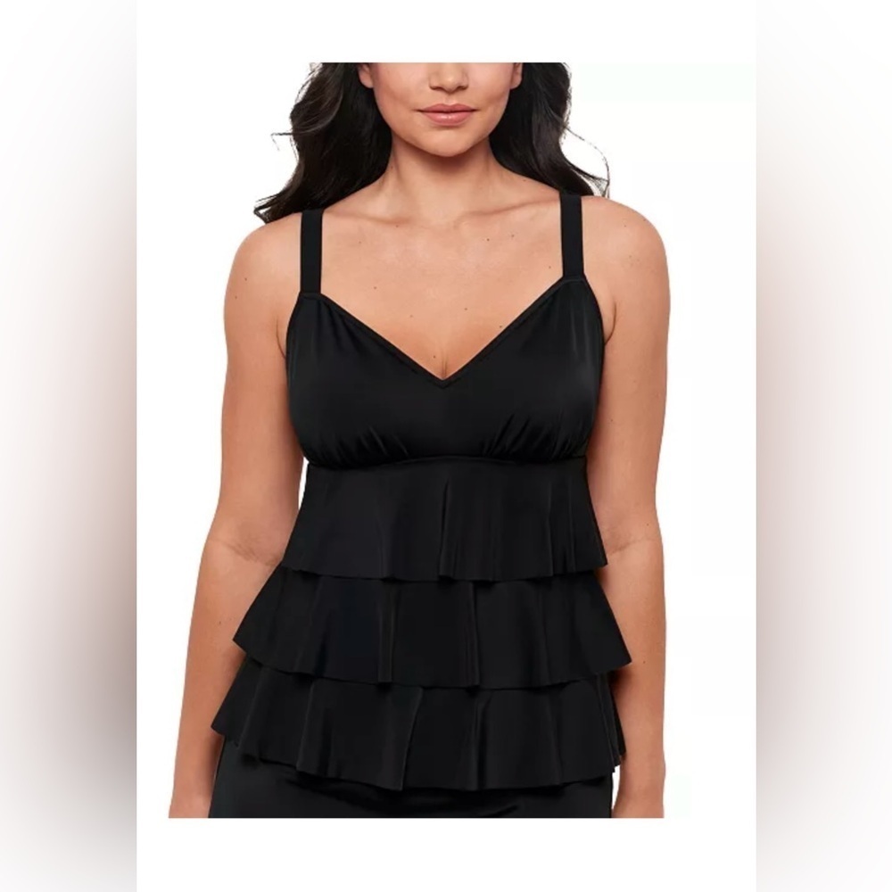 NWT Swim Solutions Women's Black Swan Tiered-Ruffle Tankini Top size 18